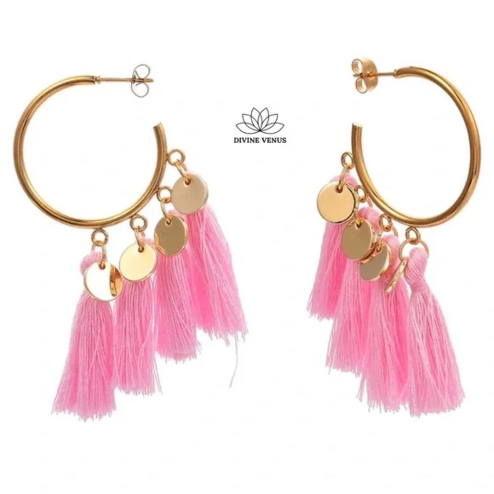 Pink Tassel Hoop Earrings | Gold Plated Stainless Steel |